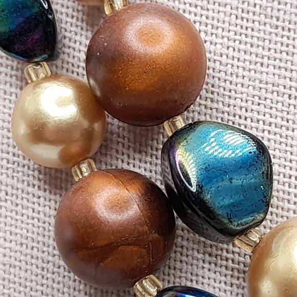 Vintage Japan Art Bead Necklace, Two Strands, Iridescent Earth Tones, 16" - Picture 4 of 13